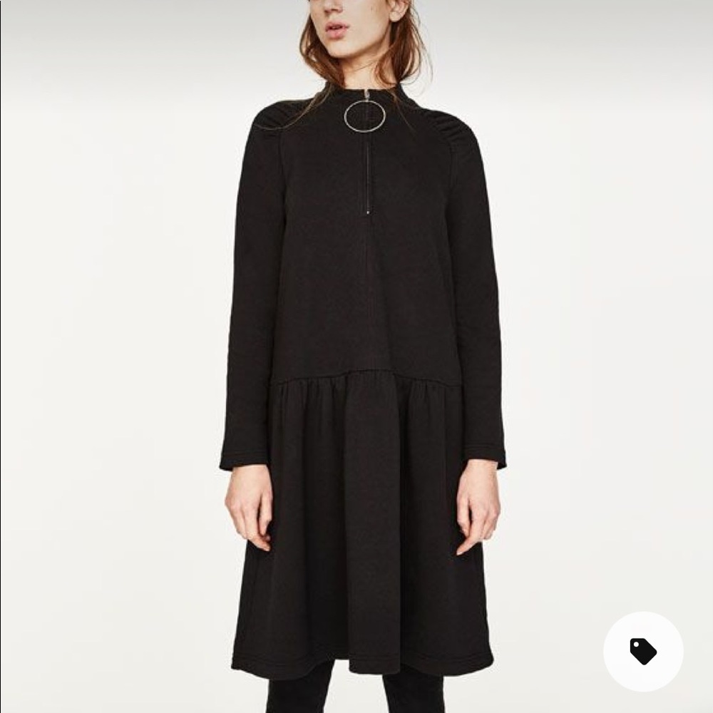 NWOT ZARA WOMEN OVERSIZED black casual dress long sleeve zip neckline Small